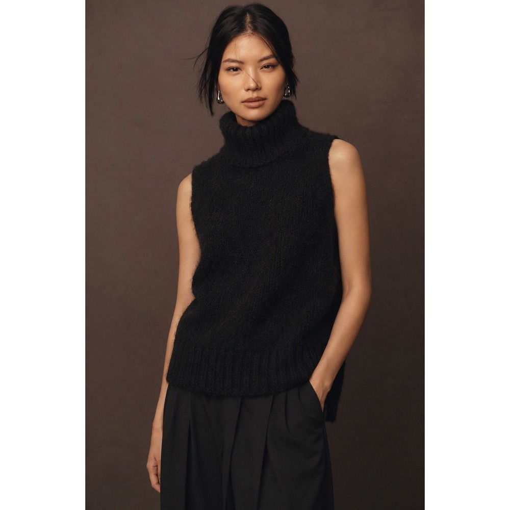 Jill Stuart Black Cashmere Mohair Sleeveless Turtleneck Sweater Vest M Fuzzy